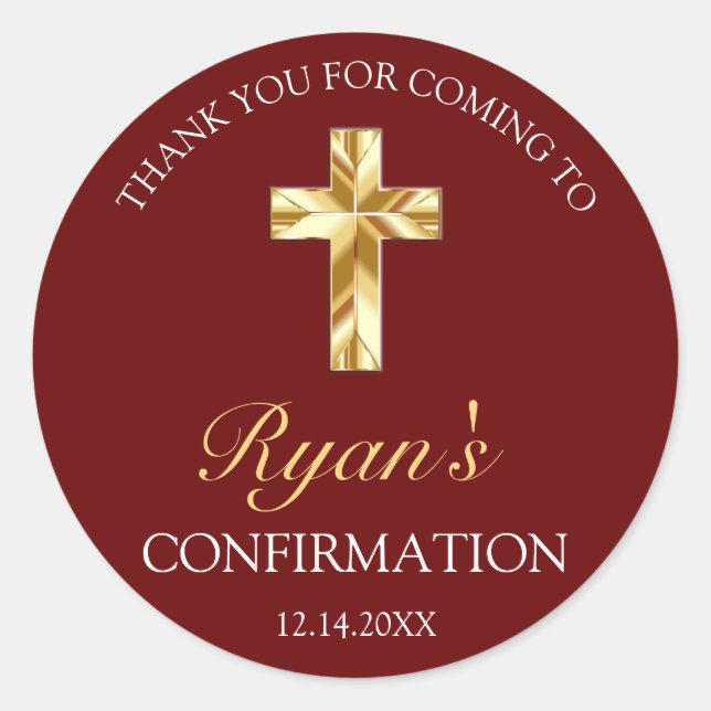 Elegant Gold Cross Burgundy Confirmation Thank You Classic Round Sticker (Front)