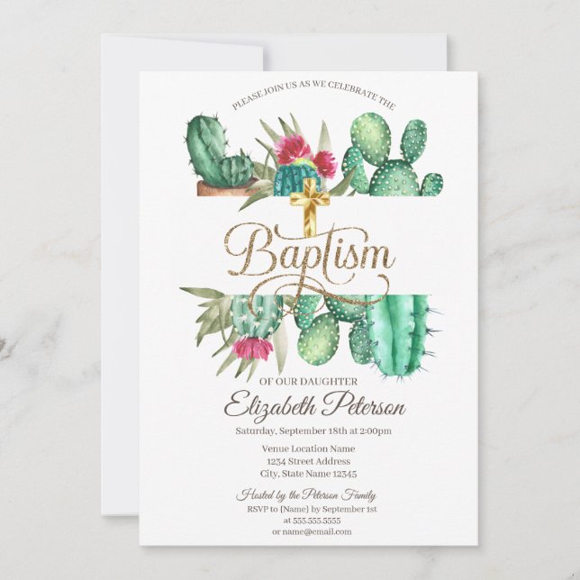 Elegant Gold Cross Cactus Polka Dots Invitation (Front)