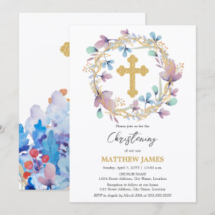 Elegant Gold Cross Christening Floral Invitation
