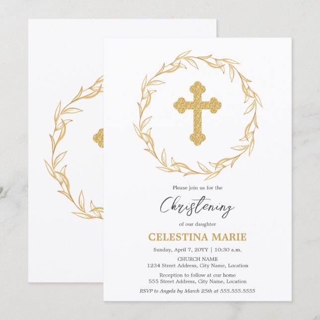 Elegant Gold Cross Christening Invitation (Front/Back)