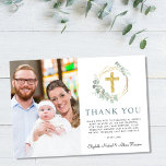 Elegant Gold Cross Eucalyptus Photo Baptism Thank You Card<br><div class="desc">An elegant and simple baptism thank you card featuring your photo,  a watercolor illustration of a gold cross in a gold wreath adorned with eucalyptus greenery and "Thank You" in a sage green modern typography. Personalize your thank you message and add your names in a calligraphy script.</div>