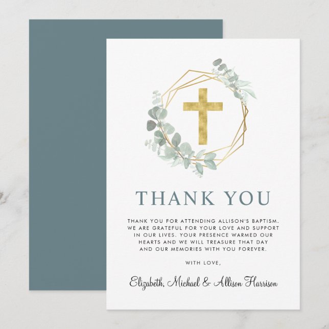 Elegant  Gold Cross Eucalyptus Watercolor Baptism Thank You Card (Front/Back)