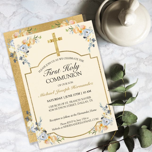Elegant Gold Cross Floral 1st Holy Communion  Invitation (Creator Uploaded)