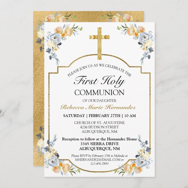 Elegant Gold Cross Floral First Holy Communion Invitation (Front/Back)
