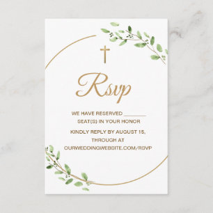 Elegant Gold Cross Greenery Christian Wedding RSVP Card
