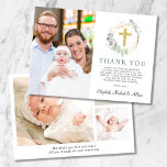 Elegant Gold Cross Greenery Photo Collage Baptism Thank You Card<br><div class="desc">An elegant and simple baptism thank you card. The front features your photo, a watercolor illustration of a gold cross in a gold wreath adorned with eucalyptus greenery and "Thank You" in a sage green modern typography. Personalize your thank you message and add your names in a calligraphy script. On...</div>