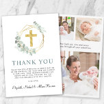 Elegant Gold Cross Greenery Wreath Photo Baptism Thank You Card<br><div class="desc">An elegant baptism thank you card that features a watercolor illustration of a gold cross in a gold wreath adorned with eucalyptus greenery and "Thank You" in a sage green modern typography. Personalize your thank you message and add your names in a calligraphy script. On the reverse side, add three...</div>