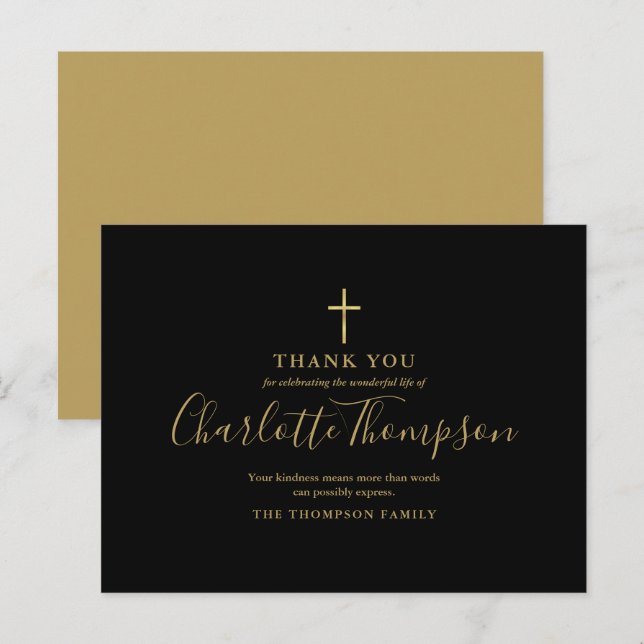 Elegant Gold Cross Memorial Funeral Thank You Postcard (Front/Back)