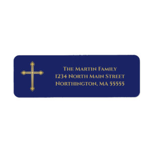 Elegant Gold Cross Navy Blue Return Address