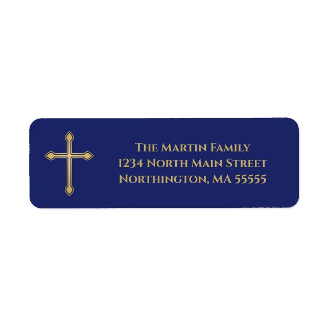 Elegant Gold Cross Navy Blue Return Address (Front)