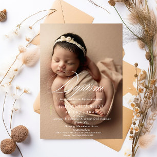 Elegant Gold Cross Overlay Photo Baptism Invitation