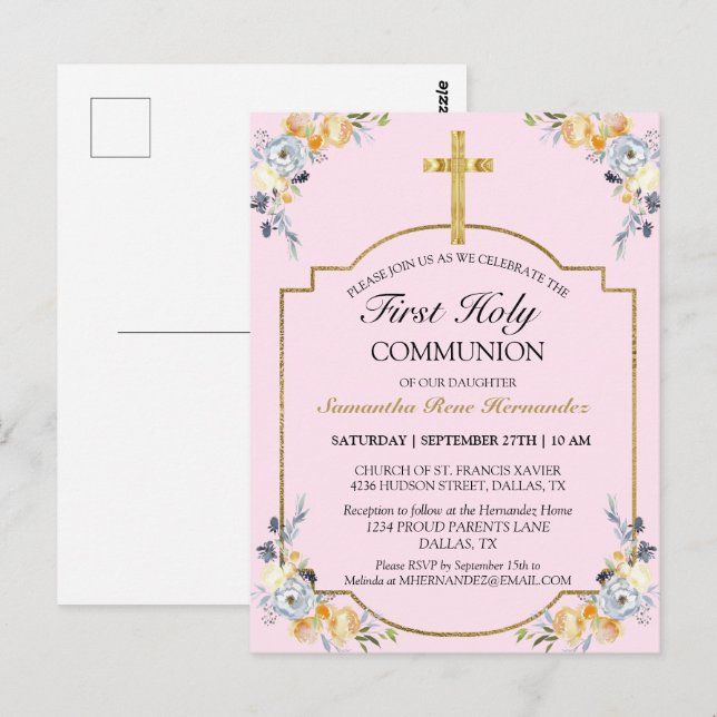 Elegant Gold Cross PInk Floral 1st Holy Communion  Postcard (Front/Back)