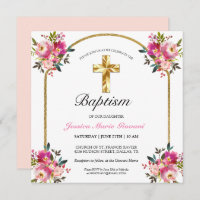 Elégant Gold Cross PInk Floral Baptism Invitation
