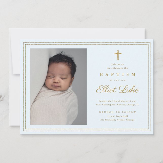 Elegant Gold Cross Religious Baptism & Christening Invitation (Front)