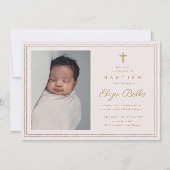 Elegant Gold Cross Religious Baptism & Christening Invitation (Front)