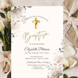 Elegant Gold Cross Roses Cream Baptism Invitation
