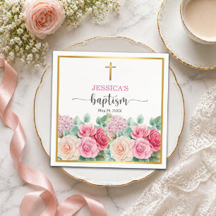Elegant Gold Cross Roses Floral Baptism Napkin