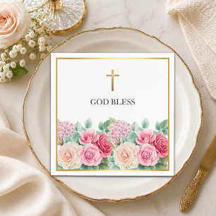 Elegant Gold Cross Roses Floral Napkin