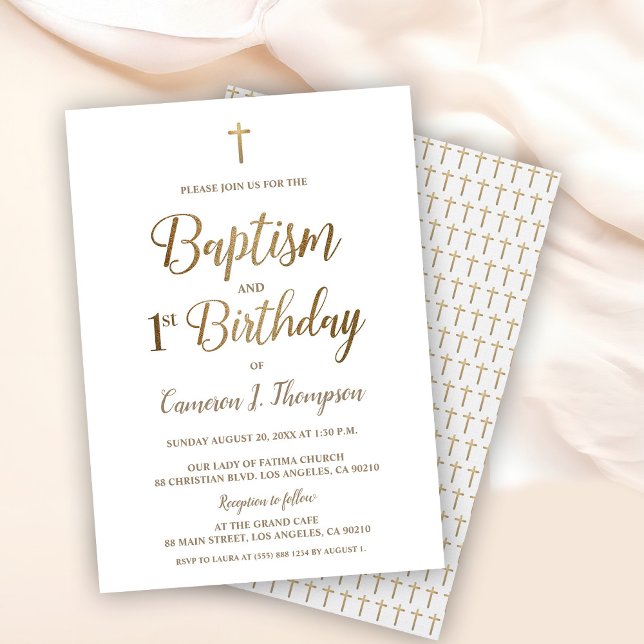 Elegant Gold Cross Simple Baptism and 1st birthday Invitation (Elegant, simple baptism and first birthday - white with gold cross invitation. )