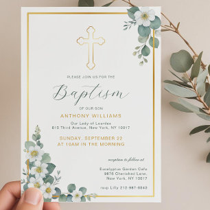 Elegant Gold Cross Simple Floral Baptism  Invitation