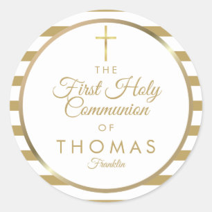 Elegant Gold Cross Stripe First Holy Communion Classic Round Sticker
