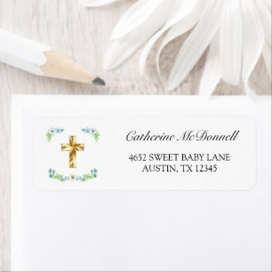 Elegant Gold Cross Teal Boy Baptism Return Adress