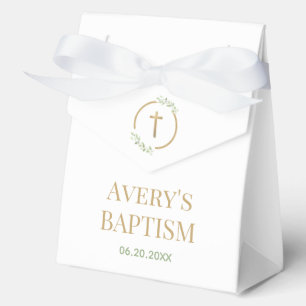 Elegant Gold Cross Watercolor Green Wreath Baptism Favor Box