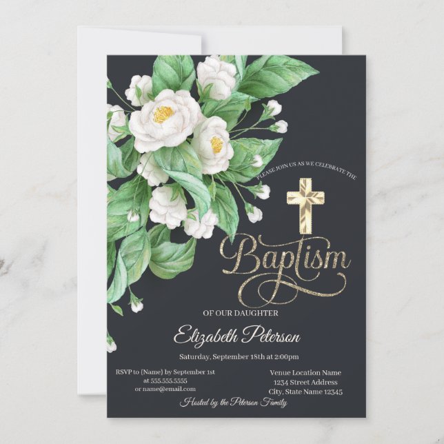 Elegant Gold Cross White Flowers Baptism Invitation (Front)