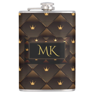 Elegant Gold Crown Faux Brown Leather Monogram Hip Flask