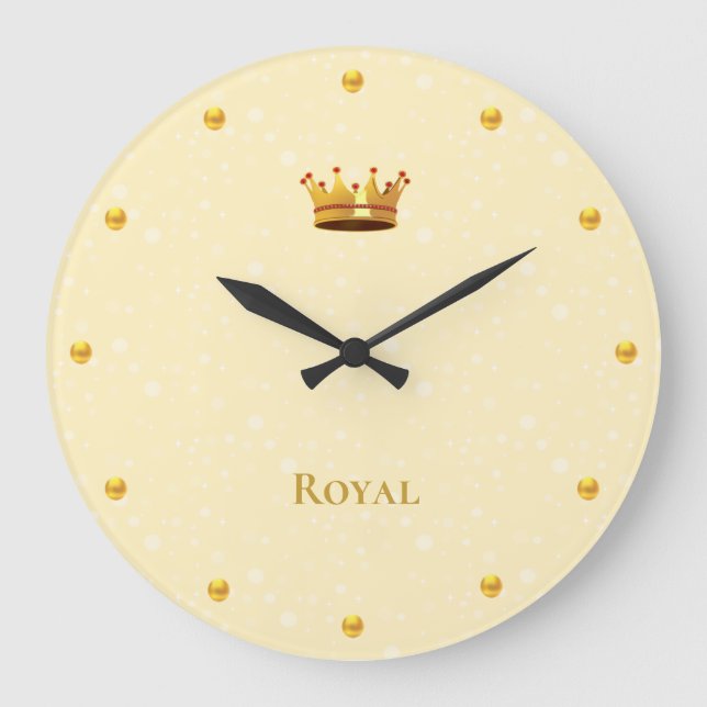 Elegant Gold Crown & Light Orbs on Champagne Large Clock (Front)