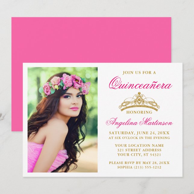 Elegant Gold Crown Photo Hot Pink Quinceanera Invitation (Front/Back)
