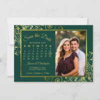 Elegant Gold Curls Emerald Calendar Photo Wedding