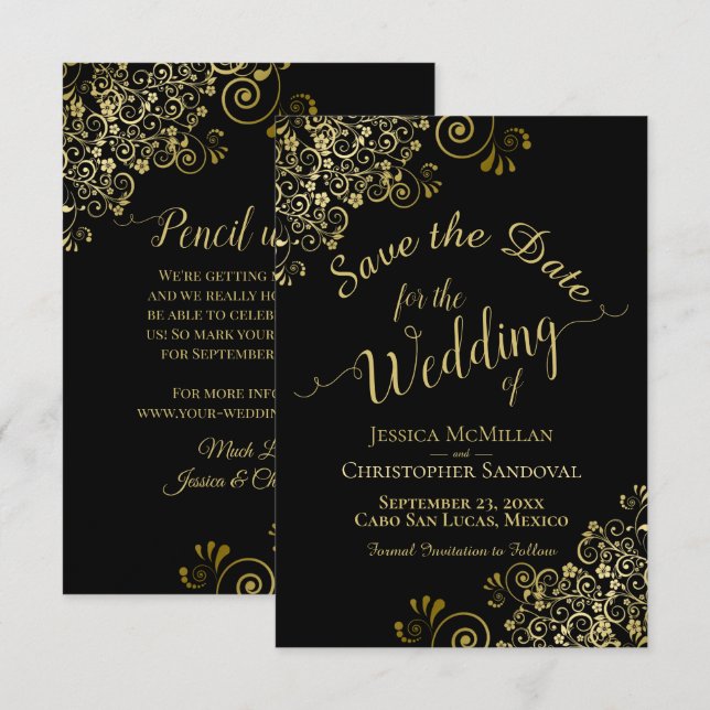 Elegant Gold Curls Filigree on Black Wedding Save The Date (Front/Back)