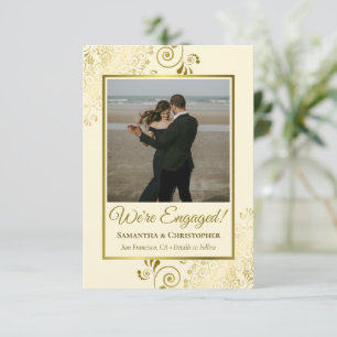 Elegant Gold Curls on Ivory Cream Photo Engagement Announcement