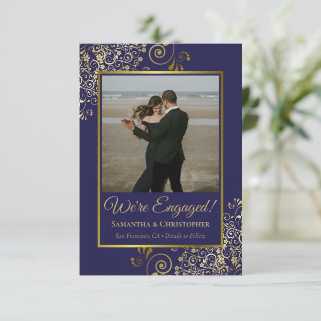 Elegant Gold Curls on Navy Blue Photo Engagement Announcement (Standing Front)