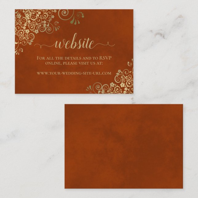 Elegant Gold Curls on Rust Orange Wedding Website Enclosure Card (Front/Back)