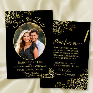 Elegant Gold Curls Oval Photo Black Wedding Save The Date