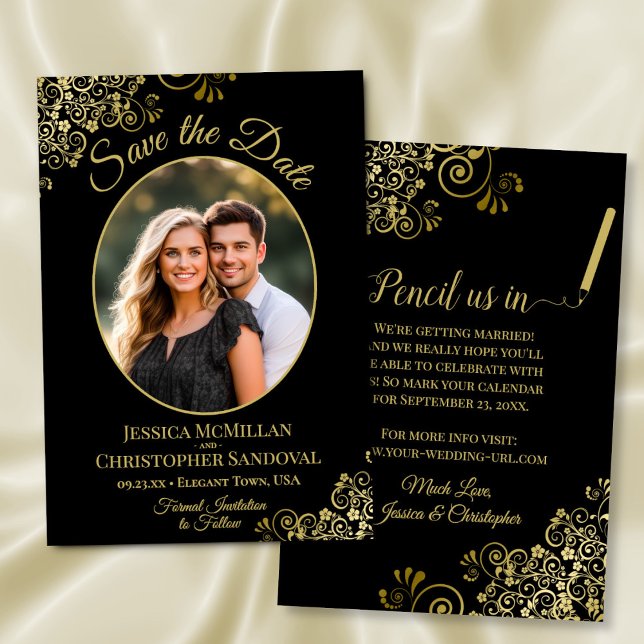 Elegant Gold Curls Oval Photo Black Wedding Save The Date (Front/Back)