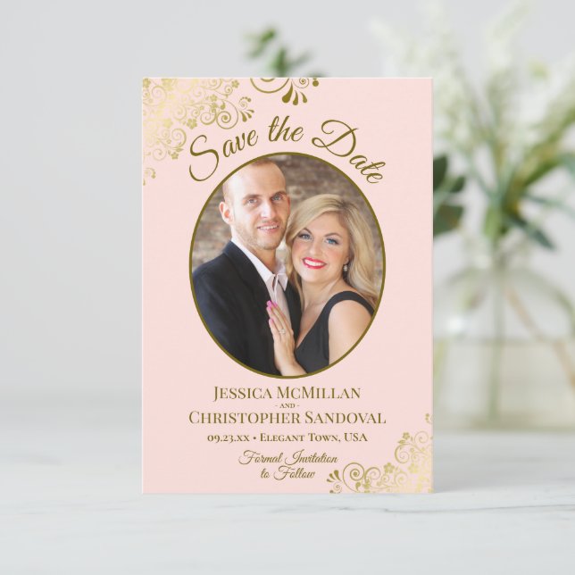Elegant Gold Curls Oval Photo Blush Pink Wedding Save The Date (Standing Front)