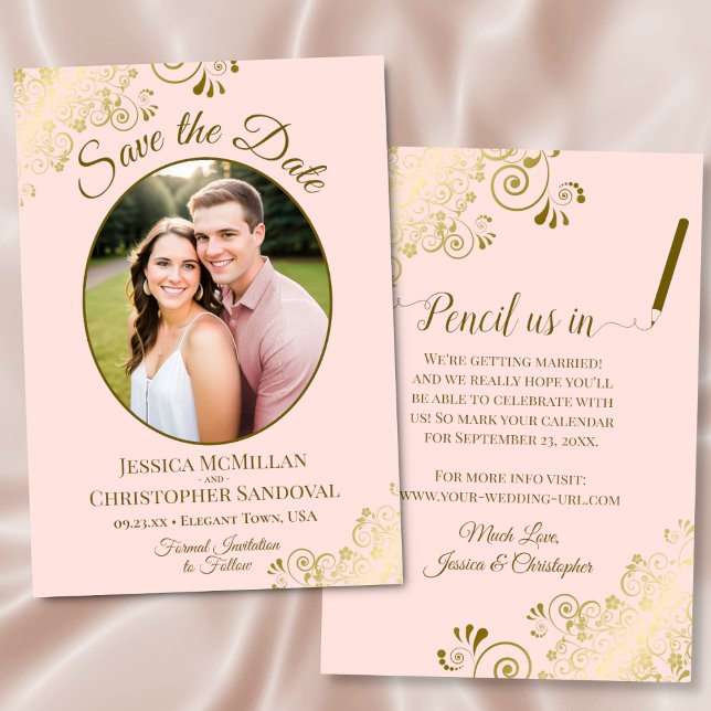 Elegant Gold Curls Oval Photo Blush Pink Wedding Save The Date (Front/Back)