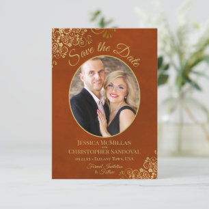 Elegant Gold Curls Oval Photo Marbled Rust Wedding Save The Date