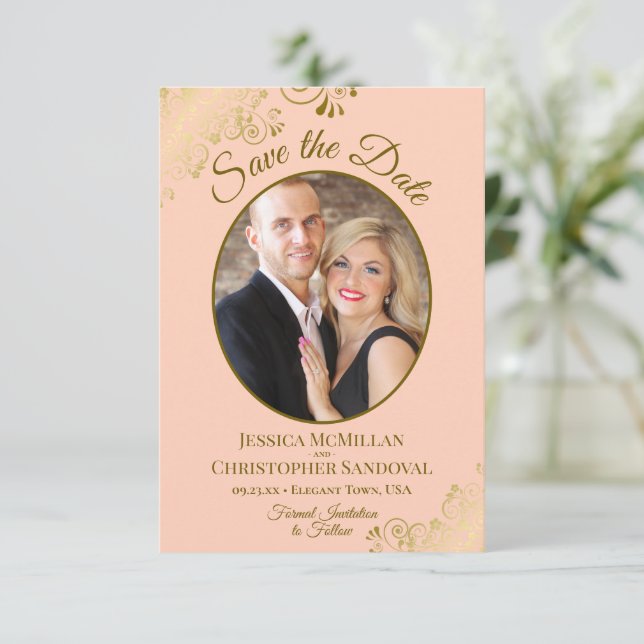 Elegant Gold Curls Oval Photo Peach Orange Wedding Save The Date (Standing Front)