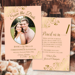 Elegant Gold Curls Oval Photo Peach Orange Wedding Save The Date