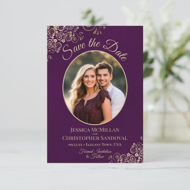 Elegant Gold Curls Oval Photo Plum Purple Wedding Save The Date (Standing Front)