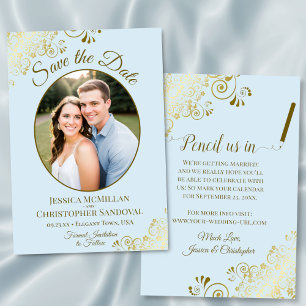 Elegant Gold Curls Oval Photo Powder Blue Wedding Save The Date