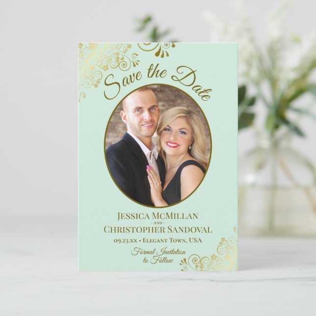 Elegant Gold Curls & Photo Neo Mint Green Wedding Save The Date (Standing Front)