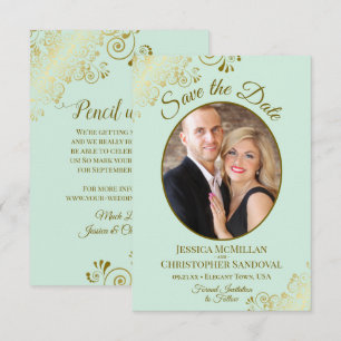 Elegant Gold Curls & Photo Neo Mint Green Wedding Save The Date