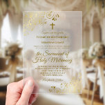 Elegant Gold Curls Stylish Modern Catholic Wedding Acrylic Invitations<br><div class="desc">This beautiful Catholic wedding invitation features a modern yet timeless design with ornate golden curls and swirls in the corners. There is a cross or crucifix at the top, and the elegant script text invites your guests to a nuptial mass uniting you in the sacrament of holy matrimony. Stylish, elegant...</div>