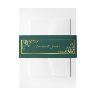 Elegant Gold Curls & Swirls Emerald Green Wedding Invitation Belly Band