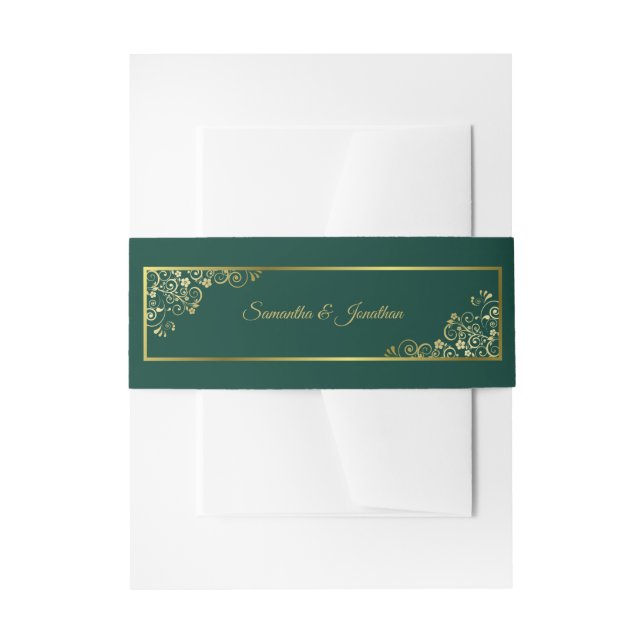 Elegant Gold Curls & Swirls Emerald Green Wedding Invitation Belly Band (Front Example)